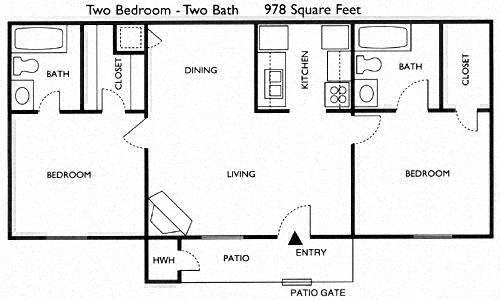 Floor plan for 2 beds, 2 baths, 978 sqft